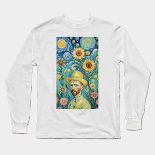 Starry Sunflower Reverie: Van Gogh Inspired Portrait Long Sleeve T-Shirt